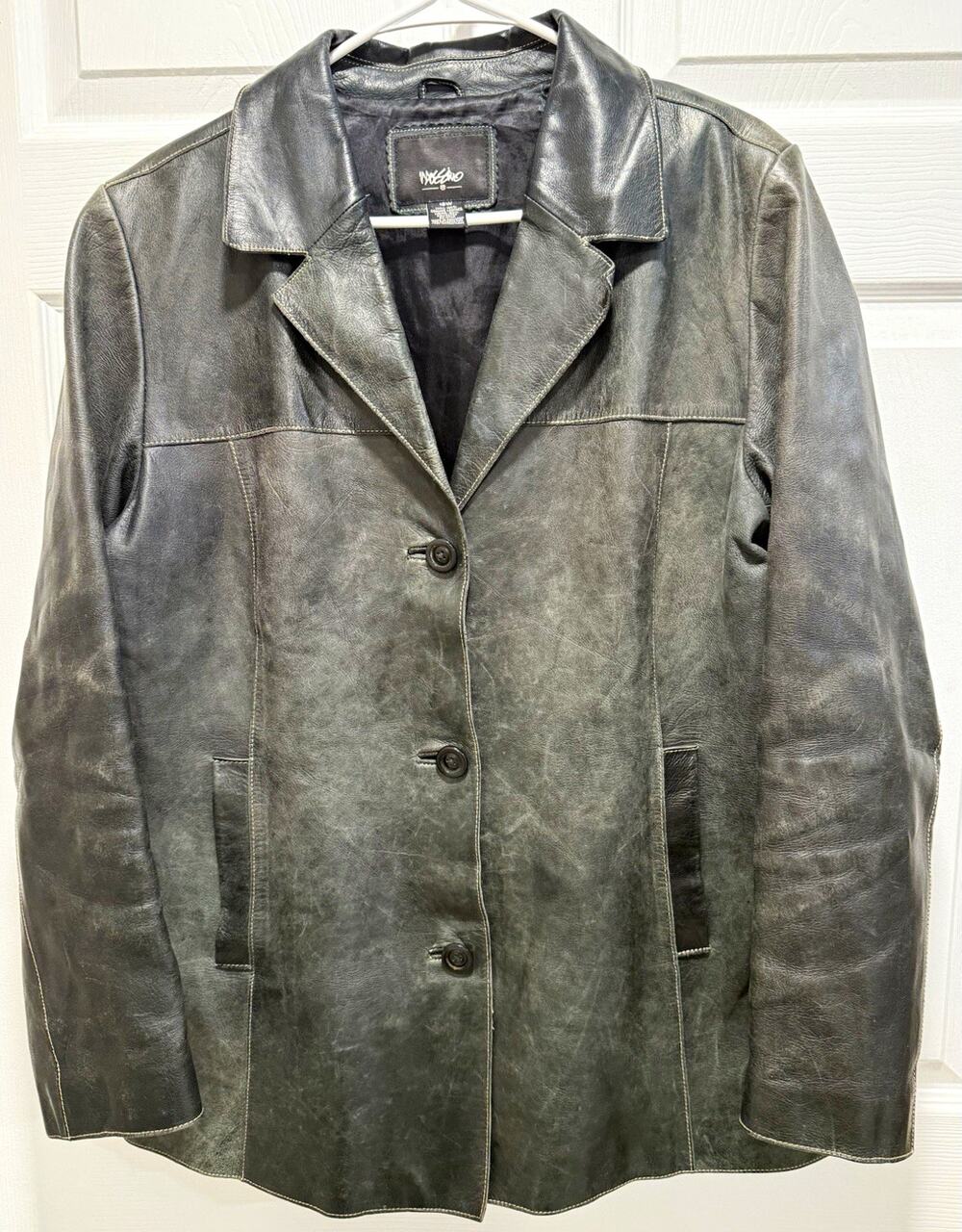Vintage Mossimo Genuine Leather Women’s Overcoat Collared Button Front Black 16W